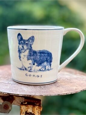Anthro Molly Hatch Corgi Mug Blue White Ceramic Dog Coffee Cup 16oz